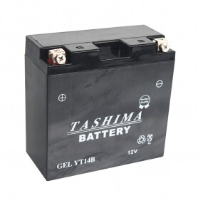 Batterie YT14BBS + à gauche (livrée avec électrolyte)