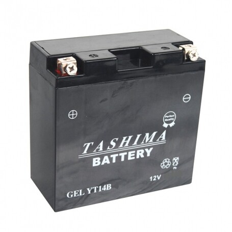 Batterie YT14BBS + à gauche (livrée avec électrolyte)