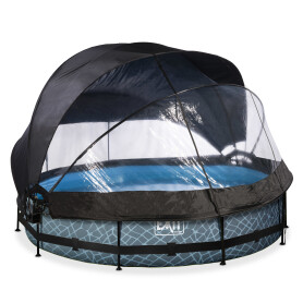 EXIT Piscine couverte Stone ø360x76cm avec voile d'ombrage et pompe filtrante - grise