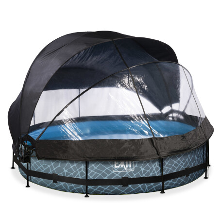 EXIT Piscine couverte Stone ø360x76cm avec voile d'ombrage et pompe filtrante - grise