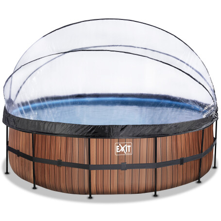 EXIT Piscine couverte Wood ø488x122cm avec pompe filtrante à sable et à chaleur - marron